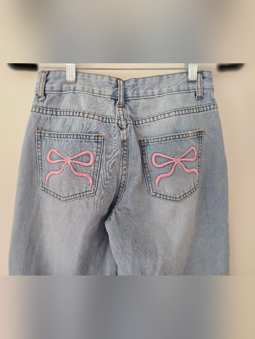 Light Blue Women’s Jeans with Pink Bow Embroidery